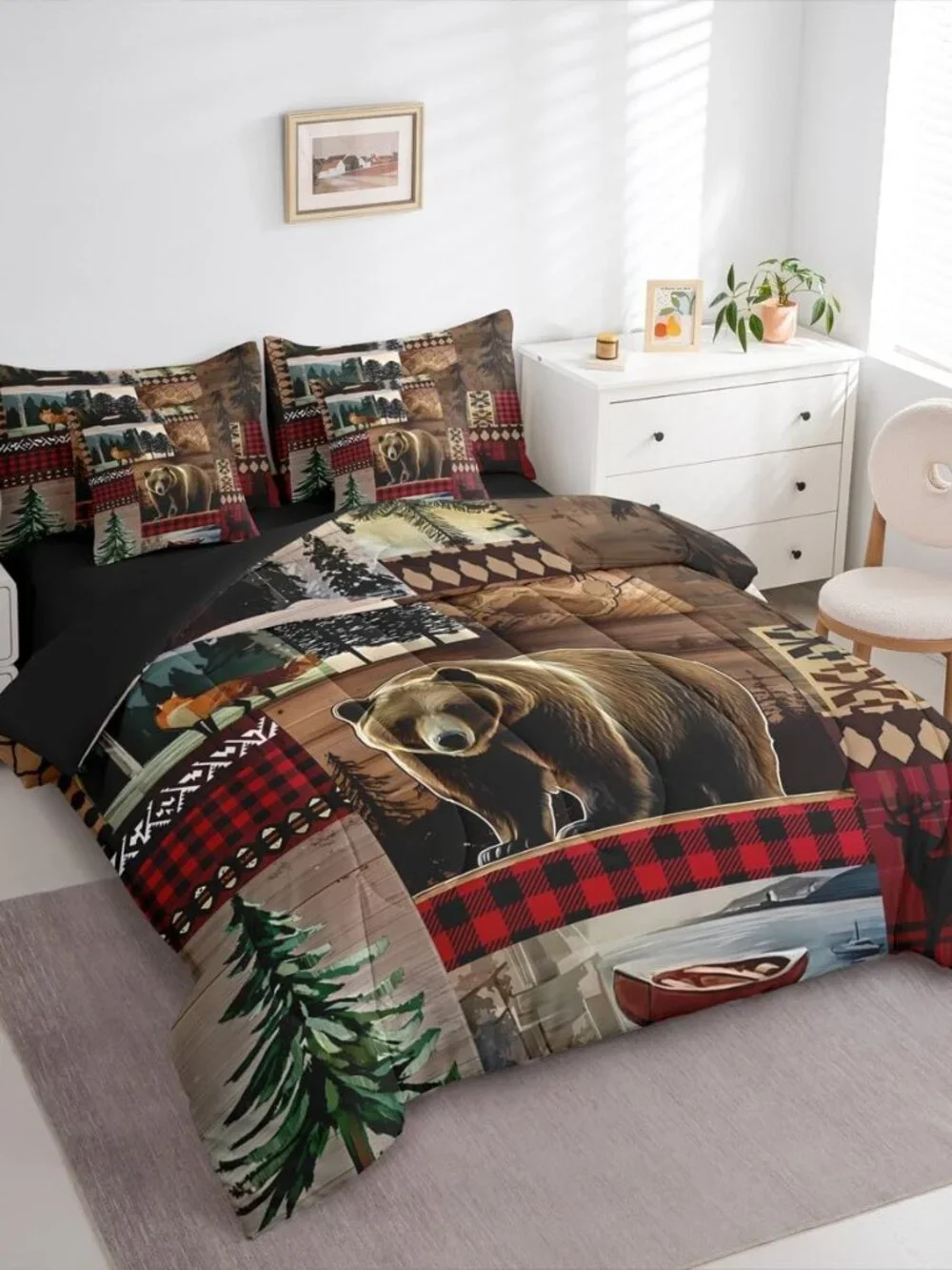 Rustic Cabin Bedding Set 7 Pieces,Hunting Bear King Size Comforter Set with Shee